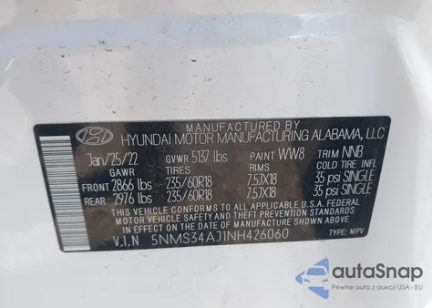 2022 Hyundai Santa Fe Sel из США, поврежденный, VIN 5NMS34AJ1NH426060